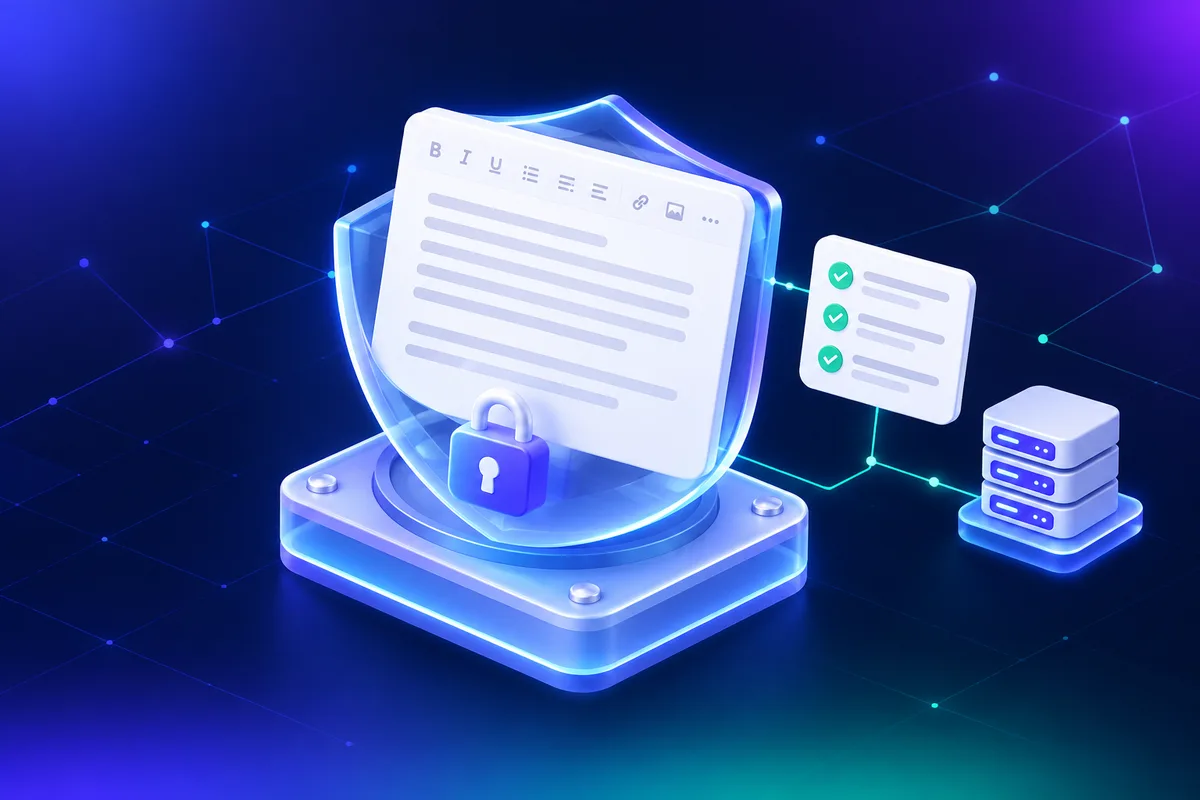 The Jodit editor on a secured platform with a shield, a compliance checklist and a server