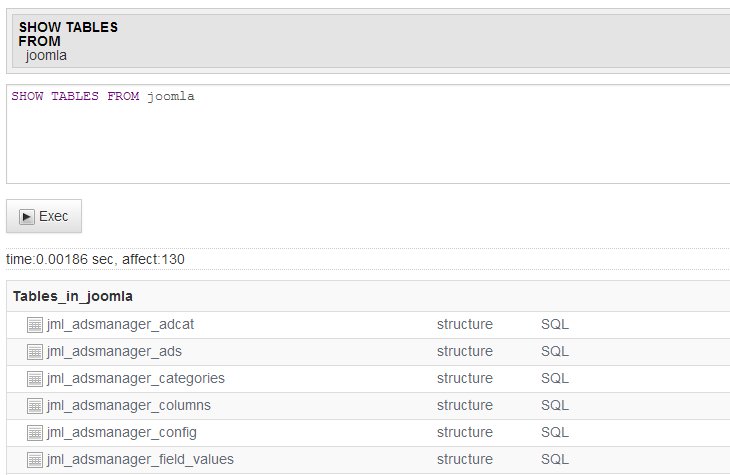 miniMySQLAdmin list all tables from a database