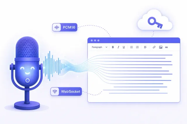 Voice dictation in Jodit AI Assistant Pro: a microphone streaming a sound waveform that turns into text inside a WYSIWYG editor