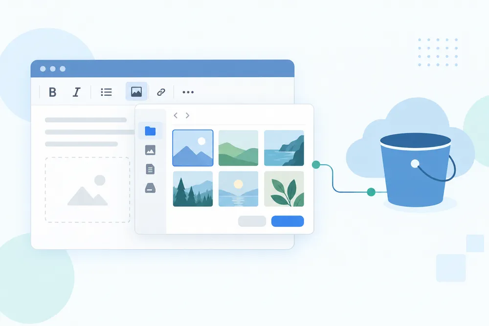Jodit editor with an open file browser connected to an S3 bucket